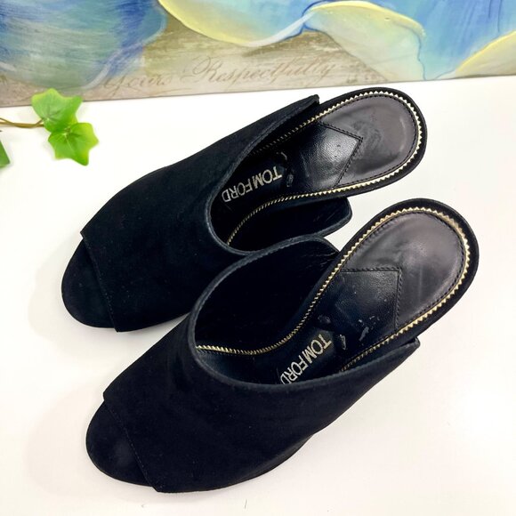 Tom Ford Black Suede Peep-Toe Mules With Gold Stiletto Heel Size 35 - Picture 6 of 12